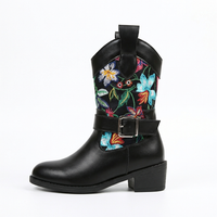 Santiag mi-haute noir Simili Cuir Femme - Broderies florales élégantes et artistiques 2