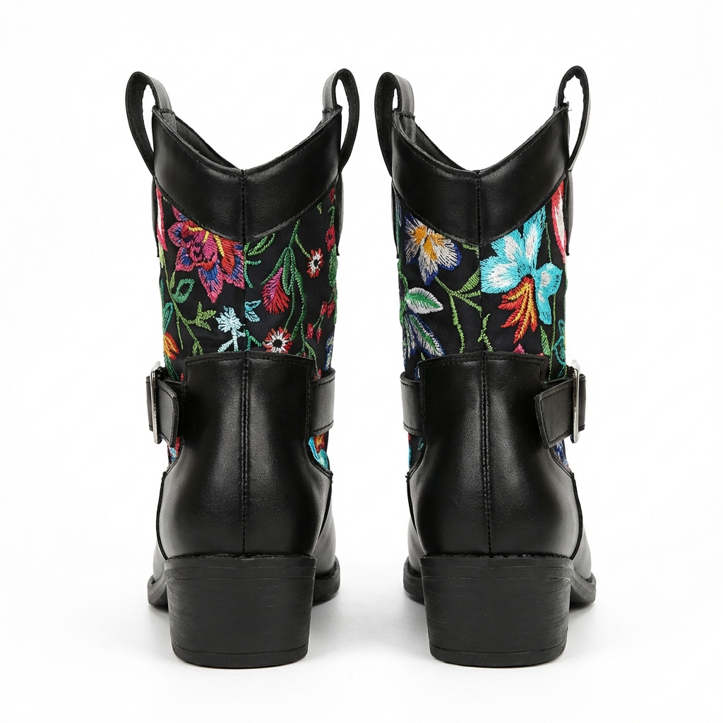 Santiag mi-haute noir Simili Cuir Femme - Broderies florales élégantes et artistiques 6