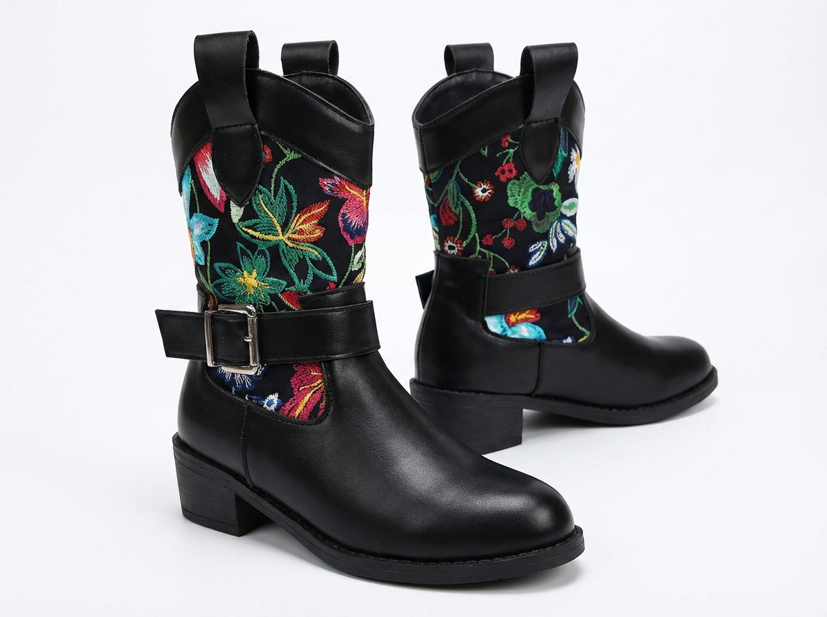 Santiag mi-haute noir Simili Cuir Femme - Broderies florales élégantes et artistiques
