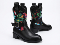 Santiag mi-haute noir Simili Cuir Femme - Broderies florales élégantes et artistiques 1