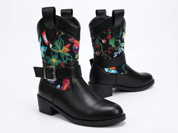 Santiag mi-haute noir Simili Cuir Femme - Broderies florales élégantes et artistiques