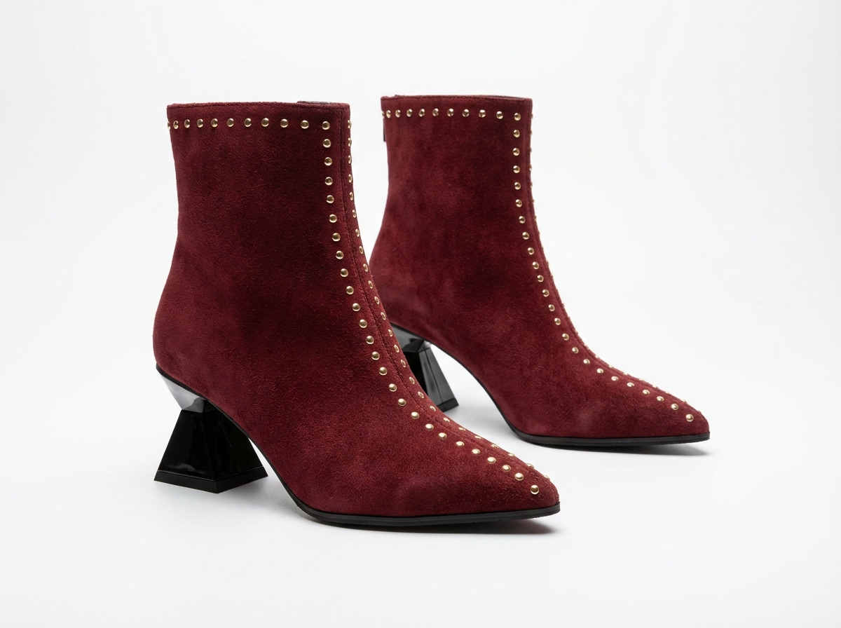 Bottine haute rouge Daim Synthétique Femme - Santiags rouges à clous dorés