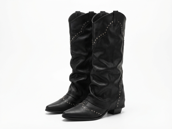 Santiag mi-haute noir Simili Cuir Femme - Bottes noires cloutées élégance rock