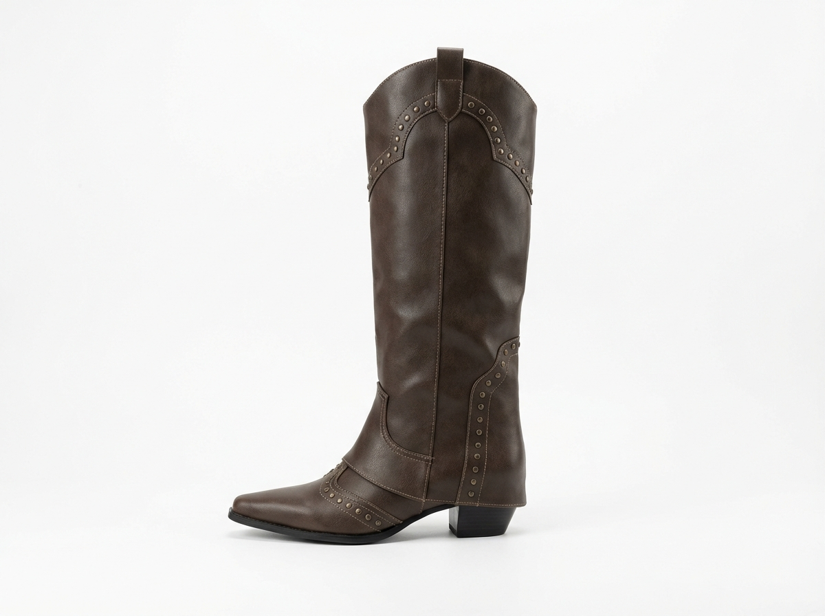 Santiag mi-haute marron foncé Simili Cuir Femme - Rivets décoratifs et bout pointu 2